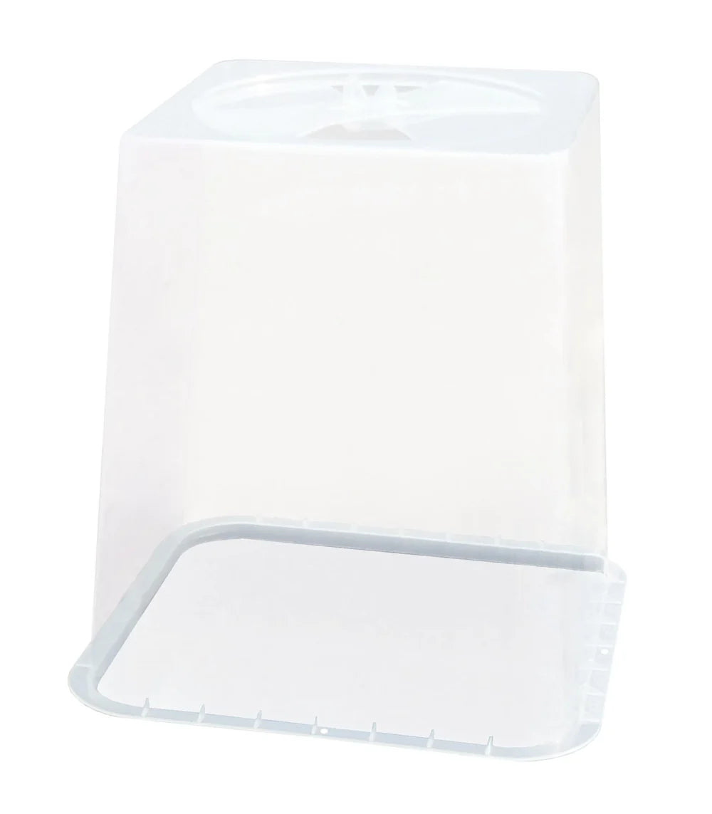 A clear plastic storage container with a square shape, featuring a hinged lid that is shown partially open, revealing the inside base, on a plain white background.