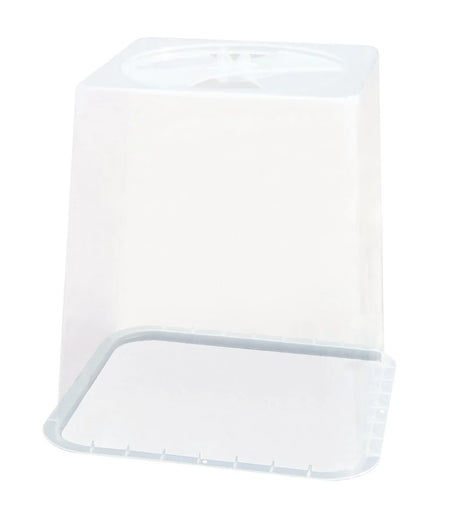 A clear plastic storage container with a square shape, featuring a hinged lid that is shown partially open, revealing the inside base, on a plain white background.
