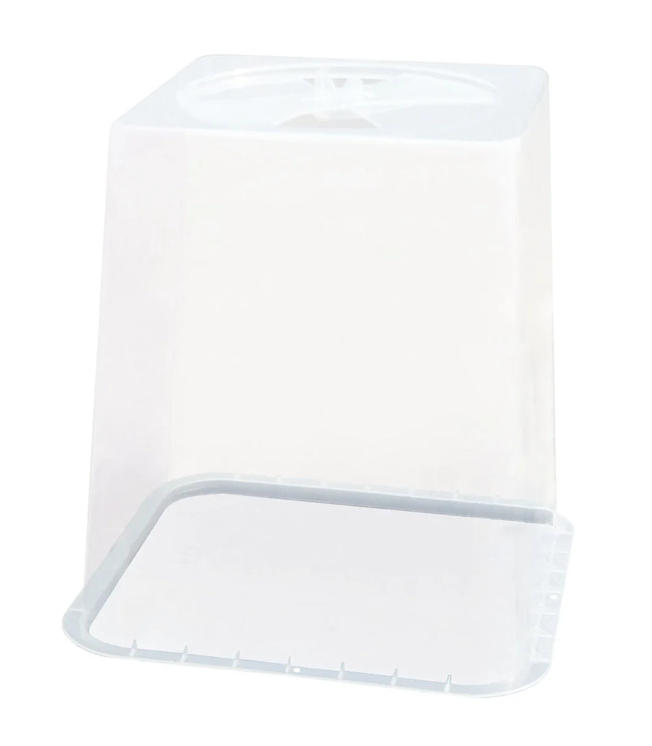 A clear plastic storage container with a square shape, featuring a hinged lid that is shown partially open, revealing the inside base, on a plain white background.